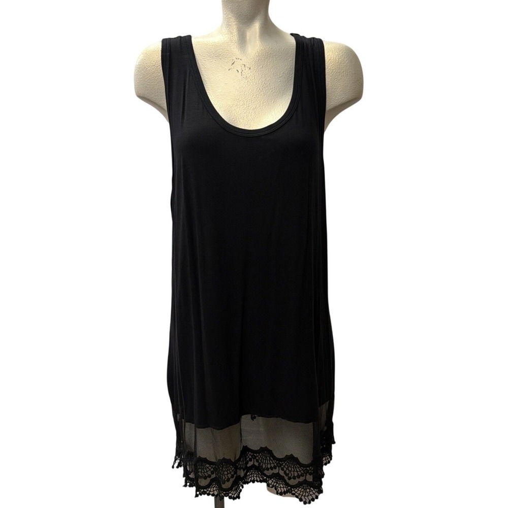 L&B Black Sleeveless Scoop Neck Lace Trim Tunic Tank Top LBTK